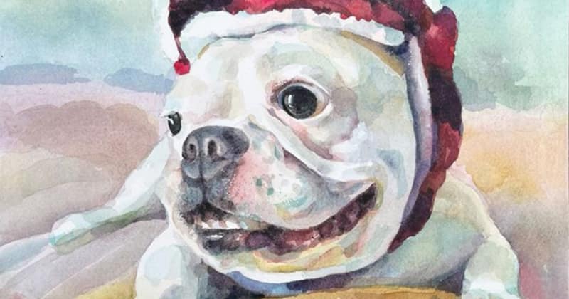 Watercolor portrait of a dog in a red winter hat, painted by Pawcasso Studio